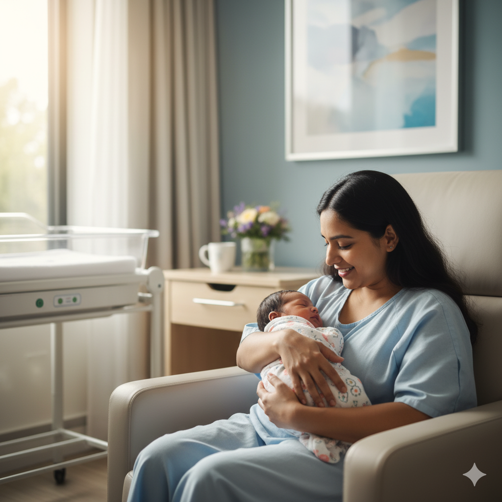 Mother holding newborn baby in modern hospital room