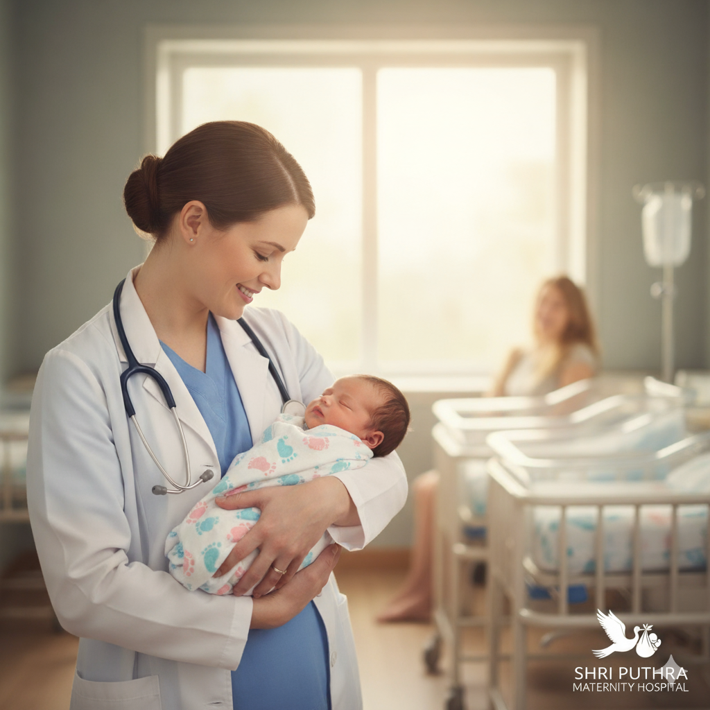 Doctor holding newborn baby in maternity ward